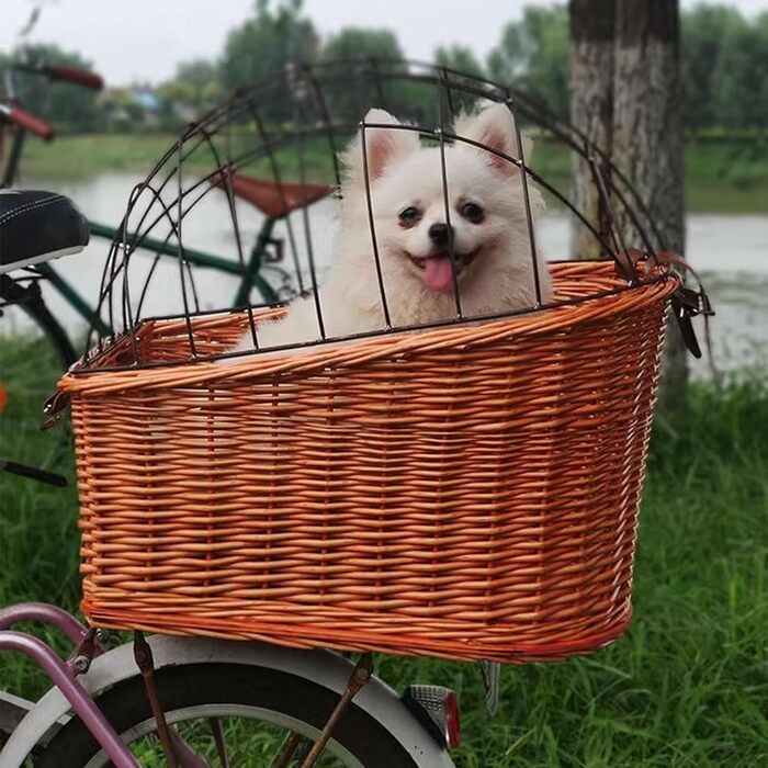 Задній велосипедний кошик для собак з плетіння соломи та дротяною сіткою (червоний)
