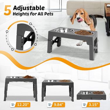 Підвищені годівниці для собак DicePro з регульованою висотою та повільною годівницею, 2 миски з нержавіючої сталі – для малих, середніх та великих собак
