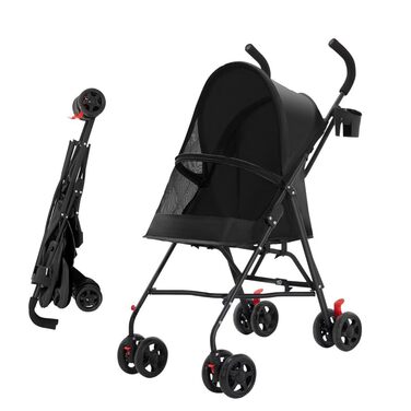 Дитяча коляска для собак та котів, складана, чорна, до 20 кг, з гальмами, великий кошик, 3 вікна, тримач для напоїв, 97 x 45 x 55 см