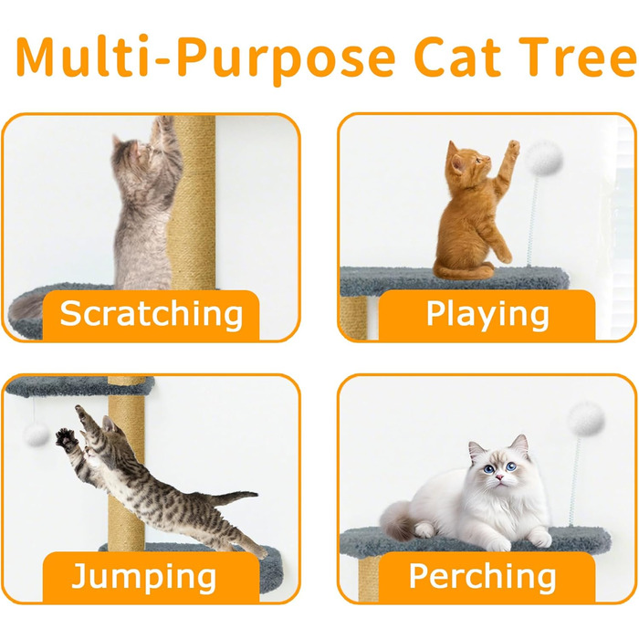 Кліматична стіна для котів Kratzbaum 125см: 4 яруси, натуральне дерево, міцний фетр, сірий колір