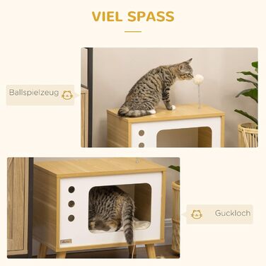 Будиночок для котів PawHut у стилі ТВ з іграшкою, котяче ліжко з подушкою, кошик для кота, дерево, бежево-білий, 50x28x43 см