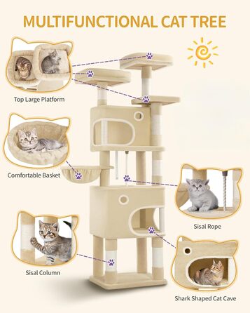 Драбина-кіготь для котів Hzuaneri MS15918YL, 159 см, бежева, з 8 стовпчиків, 3 платформ та 2 хованок