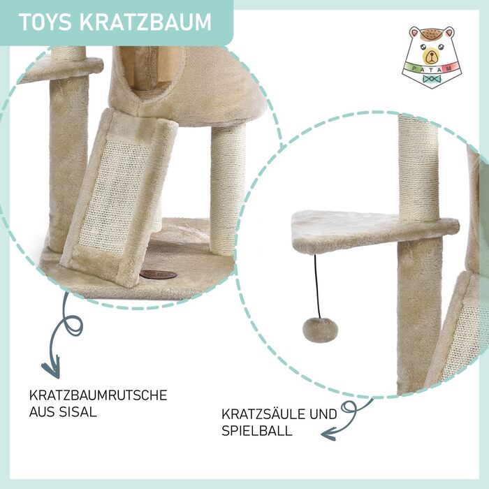 Дряпалка для котів PATAM з натурального сизалю, з котячою печерою та рампою, посилена основа, легка збірка - висота 83,5 см, іграшки Беж (Беж)
