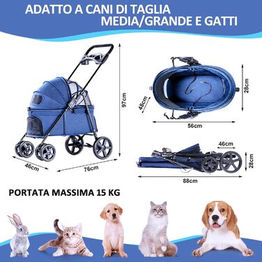 Візок для собак та котів, складаний, до 15 кг, блакитний