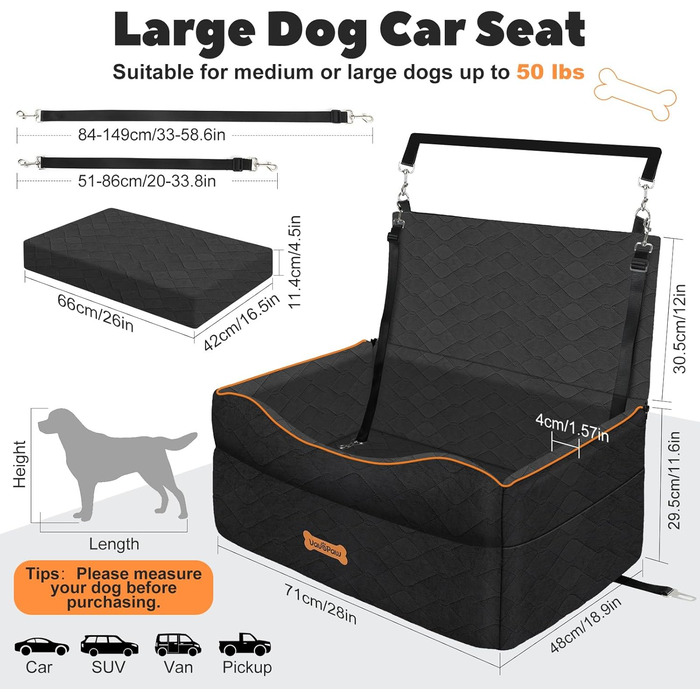 Автокрісло для собак VavoPaw, чорне, M: для собак до 25 кг, з м'якою подушкою та страхувальним ременем
