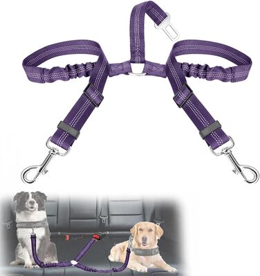 Ремінь безпеки для собак у машину, еластичний, подвійний, регульований (фіолетовий)