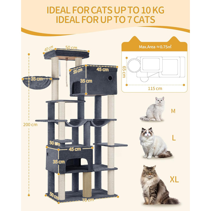 Декілька рівнева кігтеточка для котів Hzuaneri MS20018LG, 200 см, XXL, 10 стовпчиків, 2 печери, 2 гамаки, велика платформа, щітка для котів, кошик, для мейн-кунів та великих котів