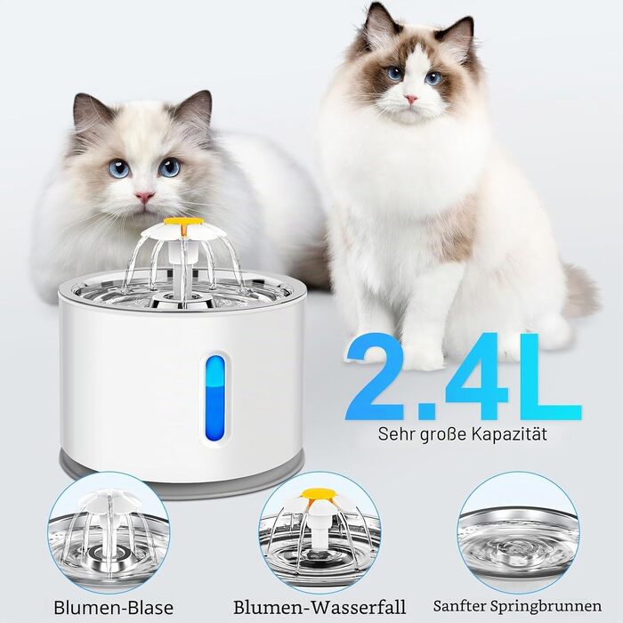 Фонтан-поїлка для котів та собак AQXONG 2.4л з LED-підсвіткою, системою фільтрації та 3 режимами потоку води, сіро-білий