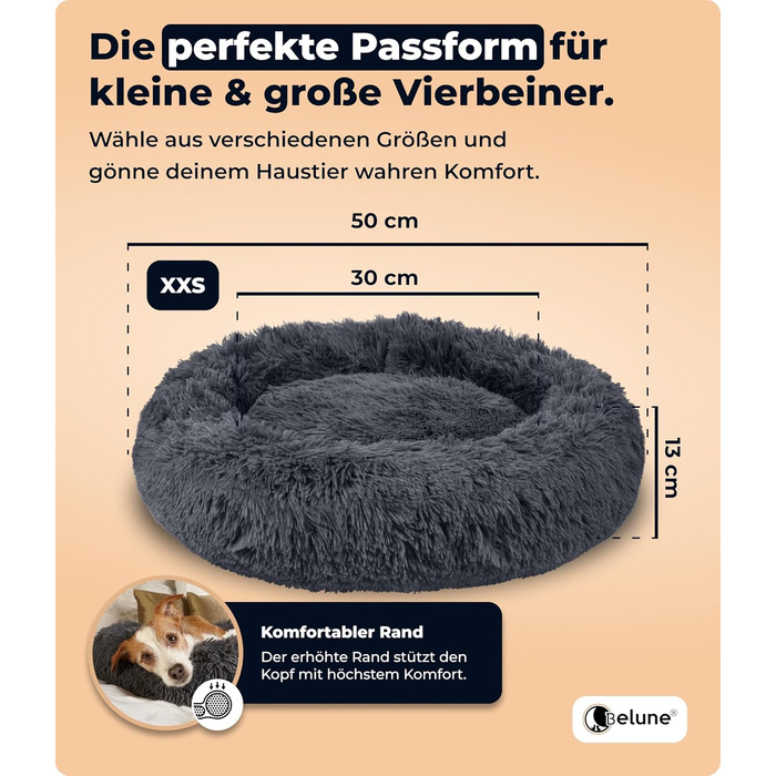 Belune® Лежанка для собак [знімний, пральний чохол] - Оригінал - [XXS, 50 см, Темно-сірий] Кошик для собак, ліжко для котів, лежанка для собак, собаче ліжко, м'яка лежанка для великих, середніх та маленьких собак XXS (50 см) Темно-сірий