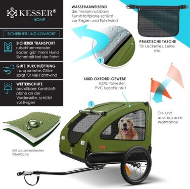 KESSER Великий 2-в-1 причіп-візок для собак Boxer, 250л, 600D Оксфорд, складаний, до 45 кг, з прапорцем і сумкою