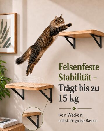 Комплект настінної драбинки для котів Katzen Kletterwand з 4 рівнями: 2 сходинки та 2 майданчики для сну, соснове дерево, настінне кріплення