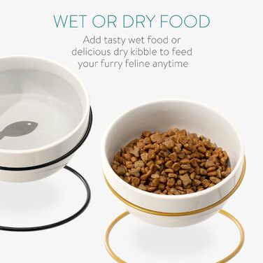 Набір мисок для тварин Navaris (2 шт) з металевим підставкою: для котів та собак, миється в посудомийній машині, нахилена миска, золото/чорний