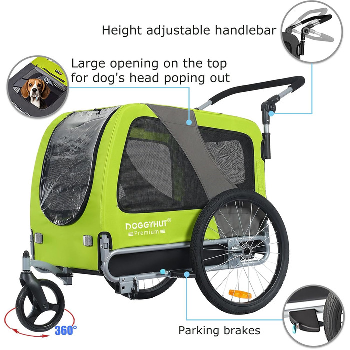 DOGGYHUT® Преміум великий велосипедний причіп для собак 2 в 1, буксир для собак, біговий причіп для собак, великий об'єм 270 літрів, для середніх та великих собак до 35 кг, зелений / чорний