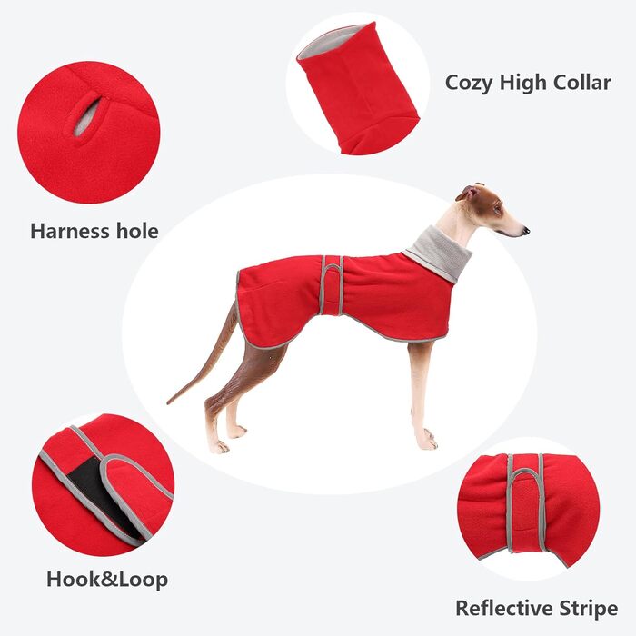 Зимовий одяг для собак Morezi: теплий флісовий жилет для Вундеркінів, Лурчерів та Грейхаундів, з світловідбиваючими смугами, регульований ремінь, червоний, розмір S (довжина спини 51-53 см)