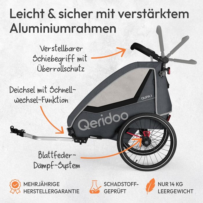 Причіп для велосипеда Qeridoo QUPA 1 з листковою підвіскою, складною кабіною, розширюваним сидінням, візок-причіп, регульована ручка, 5-точкова система ременів безпеки, для 1 дитини (Сірий)