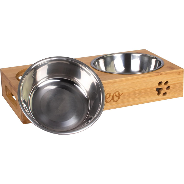 Кормушка для котів LAUBLUST з іменним гравіюванням - Натуральне дерево | 31x15x6 см - 2 миски з нержавіючої сталі (0,35л кожна) | Підвищена годівниця для котів | Сріблясті миски для котів
