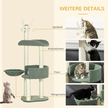 PawHut Cat Tree 123H см Лазильне дерево з кошиком і м'ячем, сизалева колона, ДСП, зелений + кремовий білий| Аосом