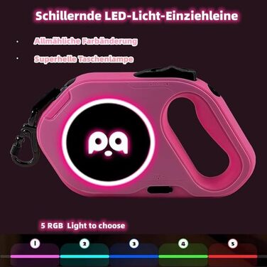 Висувна поводок для собак з LED-підсвічуванням, гальмом та системою швидкого розблокування. 5м нейлоновий поводок для собак середніх та маленьких порід (до 40 кг). Білий/Рожевий колір