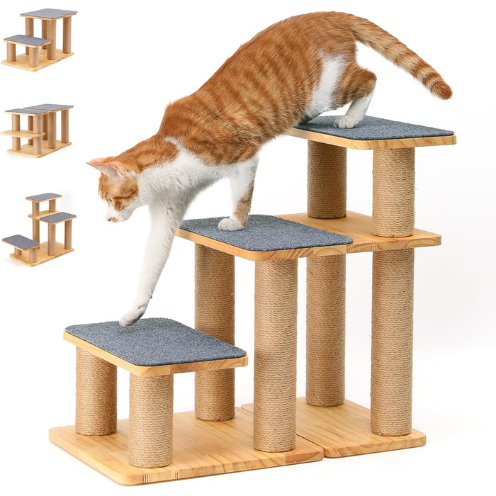 Сходинка для собак FUKUMARU, 3 сходинки, дерев'яна (сосна) з джутової тканини, регульована висота 18-51 см, вантажопідйомність до 90 кг, 6 варіантів підйому на ліжко/диван, сірий колір