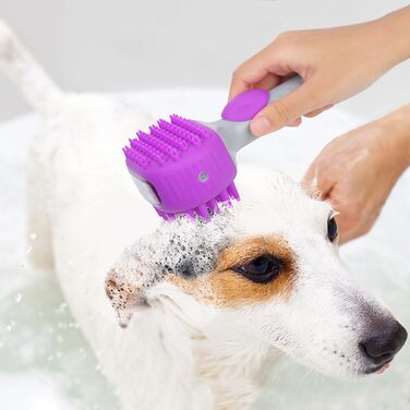 Щітка для миття собак 2-в-1 з дозатором миючого засобу 200мл, двостороння масажна щітка для котів, собак, кроликів та пухнастих тварин, фіолетова