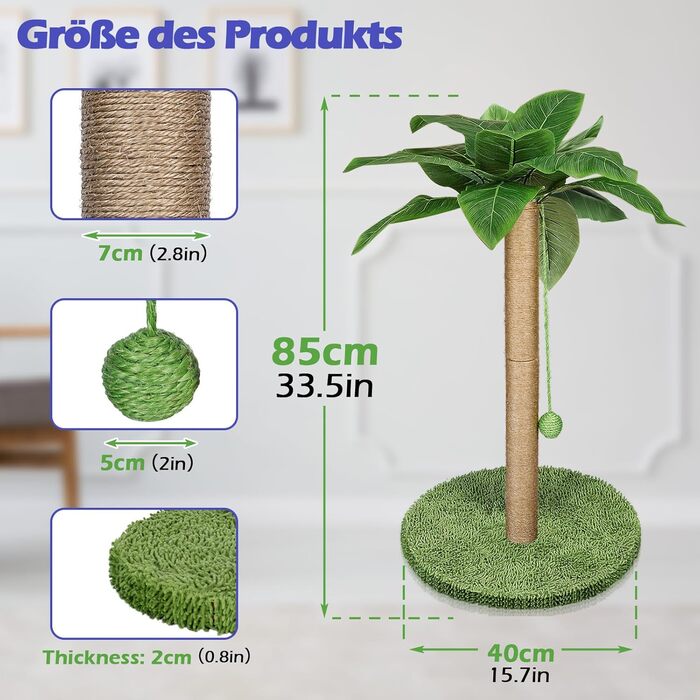 Котячий будиночок з дряпальною колоною Eukue, 80 см, білий/зелений, з платформою, мотузкою та стійкою основою