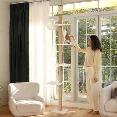 Драбина-кіготь для котів FUKUMARU, 4 яруси, до стелі (251-274см), кріпиться до стіни, з джутової тканини та зручною гамаком, бежева