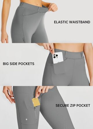Легінси для верхової їзди WILLIT Daen з силіконовим покриттям, висока талія, кишеня на блискавці, сірі (M)