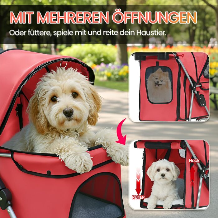Візок для собак FDW, складний, для котів та собак з обертовими колесами на 360°, з кошиком для зберігання, подушкою та сітчастими віконцями, тримачем для напоїв, до 15 кг, червоний