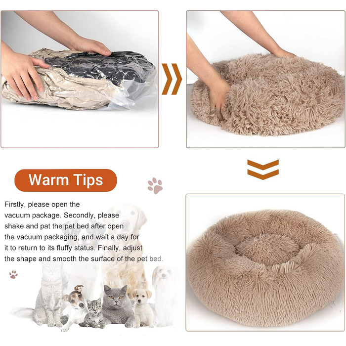 Кругле ліжко для собак та котів Donut, 50 см, бежеве/коричневе. М'яке, ортопедичне, з антиковзною основою, для заспокоєння та комфортного сну.