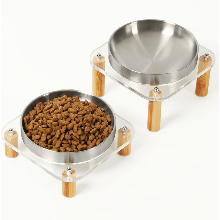 Підвищені миски для котів DoogCat – 2 шт. з акрилу, нержавіюча сталь, 14 см, для дому, зручне годування, для котів з чутливими вусами (сріблясті)