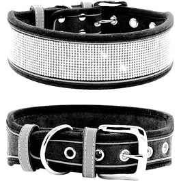 Нашийник для собак Haoyueer з кристалами та стразами, чорний, з м'якої замші, світловідбиваючий, для середніх та великих собак (M: 15-19 см)