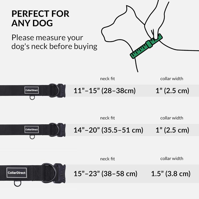 Міцний нашийник для собак великих та середніх порід – регульований, двошаровий нейлон, металева застібка, стійкий до розривів, ідеальний для активних собак (Чорний, Великий (38-58 см))