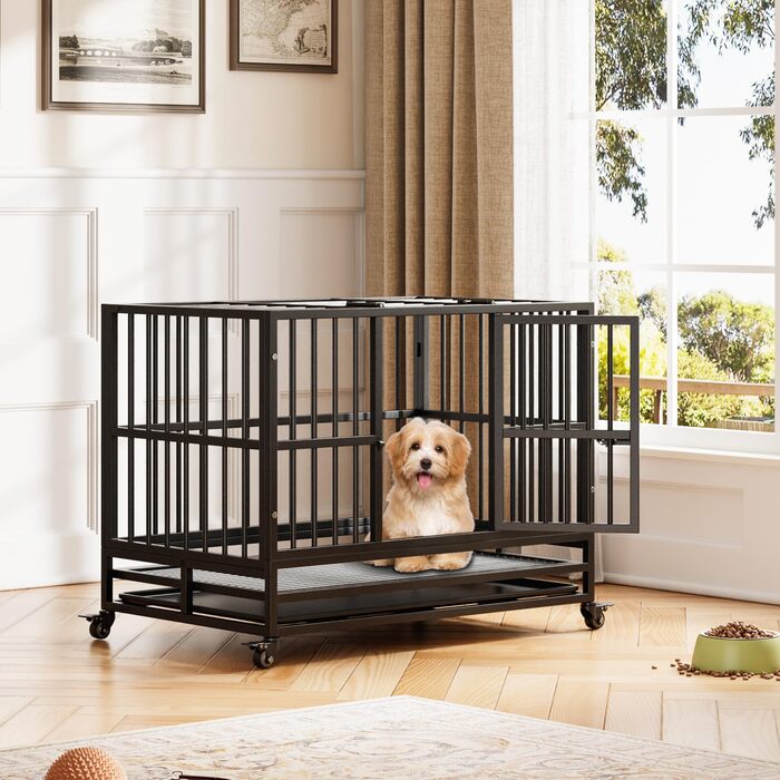 Міцний переносний вольєр для собак, транспортна переноска для великих собак, 94x58.5x74.8 см. Металевий вольєр на 4 колесах з двома дверцятами, знімний піддон. Підходить для малих, середніх та великих собак.