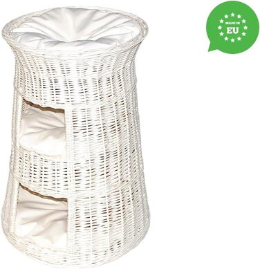 Кігтечка-ліжко для котів - Кругла кімната для відпочинку - Кігтечка з лози - Триповерхове ліжко для собак або котів - Плетена корзина білого кольору - (Бежева подушка)