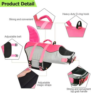 Жилет для плавання для собак Fragralley Hai, Ripstop, для плавання та катання на човні, жилет для собак з чудовою плавучістю та рятувальною ручкою (Medium, Рожевий-Hai)