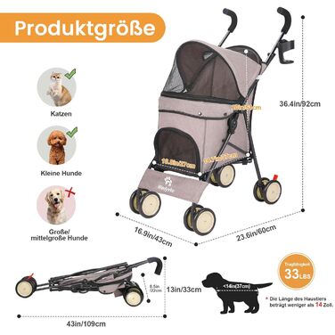 Візок для собак Hundebuggy: легкий, розкладний, для собак вагою до 9 кг, з кошиком та тримачем для напоїв, темно-зелений (кавовий)