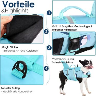 Жилет для плавання собак AOFITEE, блакитний, XS (Small), для маленьких, середніх та великих собак, з ручкою та світловідбиваючими смугами