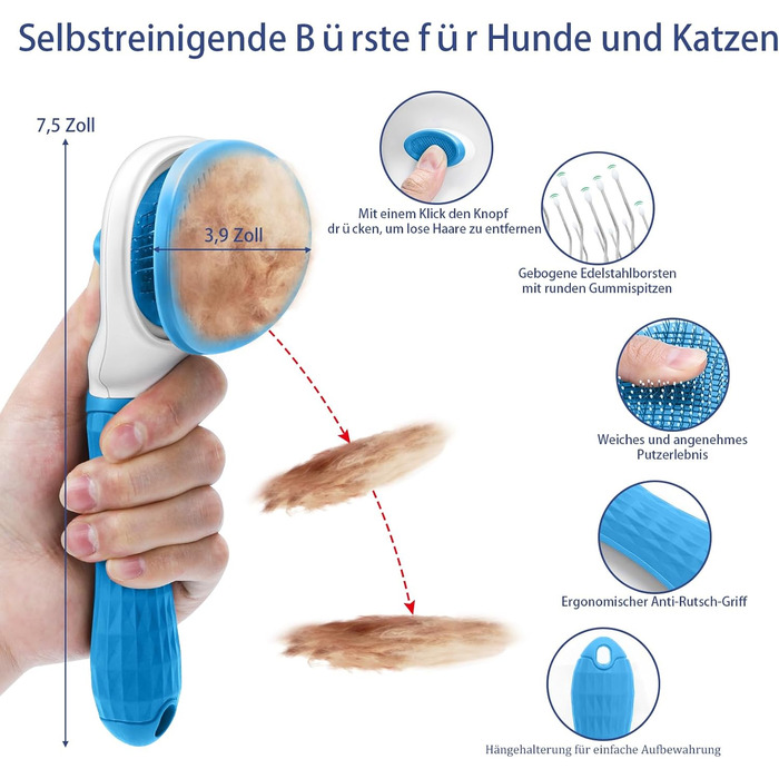 Набір щіток для собак, 5 шт., для грумінгу, самоочищувані, для великих та середніх собак, котів та дрібних тварин, для довгої та короткої шерсті, зменшує випадання шерсті, блакитний
