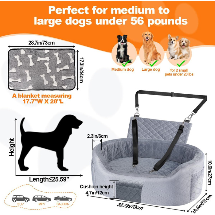 Підвищення для собак середніх та великих порід (до 25,4 кг), сірий колір, розмір L. Зручне автоліжко для собак з пам'яттю, з кишенями, ковдрою та ременем безпеки.