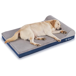 Ортопедичне ліжко для собак, велике з подушкою, товстий гель-піна Memory Foam, фланель, зносостійке, водонепроникне покриття, знімний, пральний чохол, антиковзаюча основа, розмір 132 x 91 x 20 см, блакитне