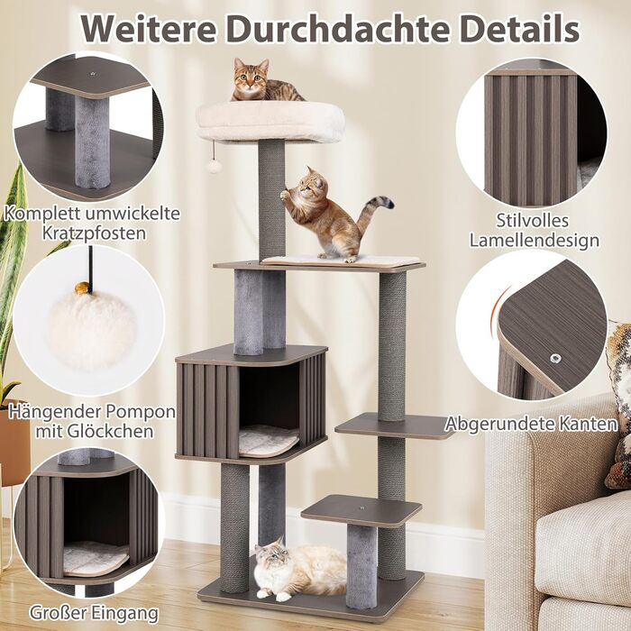 Дерев'яний кігтеточки для котів COSTWAY 151 см з платформами, печерею, кігтеточками та іграшками, сірий