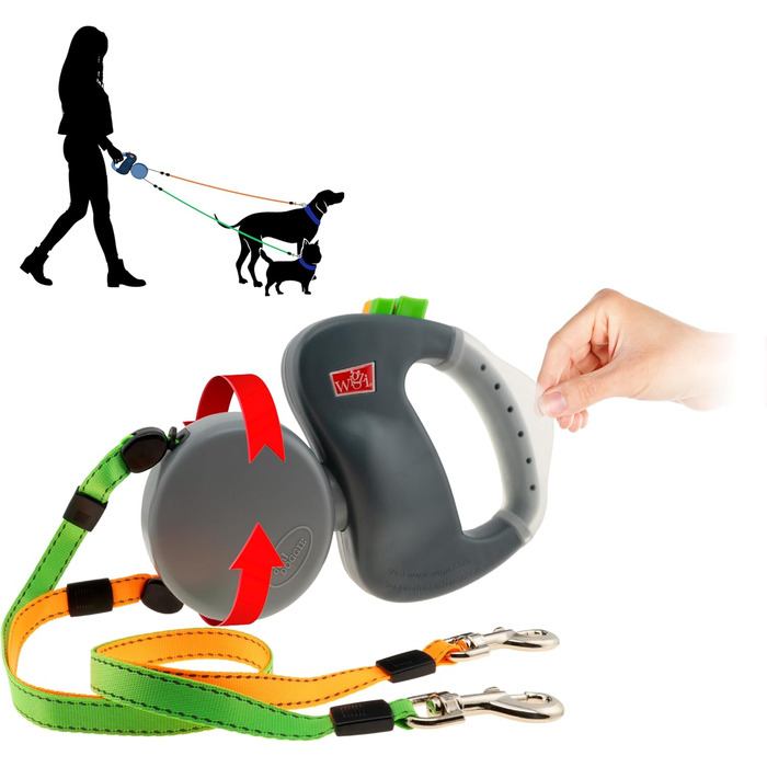 Повідок-рулетка WIGZI Dual Doggie 3.0 з гелевою ручкою, сірий, для двох собак