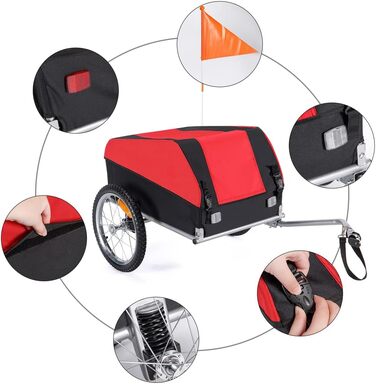 Велосипедний причіп CXWXC зі стоп-дämpfer, великий вантажний простір 120L, вантажопідйомність 40KG, складаний вантажний причіп з тентом та прапорцем безпеки - ідеальний для щоденного транспортування (Червоний)