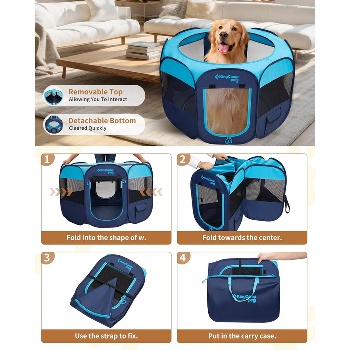 КінгКемп Переносний вольєр для собак, вольєр для цуценят, складаний вольєр для домашніх тварин, намет для собак з сумкою, для використання в приміщенні та на вулиці, знімний блискавкою низ, розмір S (вольєр для тварин з 8 панелей, блакитний)
