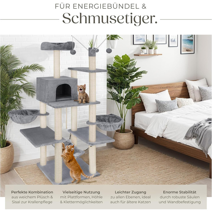 Дерево для котів tectake® XXL, велике, з лежаками, гамаком, будиночком, іграшками, мотузкою, стовпчиком для шліфування, чорний (сірий) - 165 см