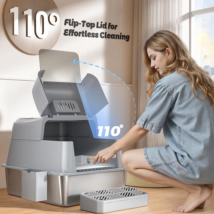 XXL Лоток для котів зі сталі з кришкою, 110° поворотна кришка, закритий лоток для котів, великий об'єм 40л з совочком та педальним механізмом, без запаху, захист від протікання та легке очищення, 60х42х44 см