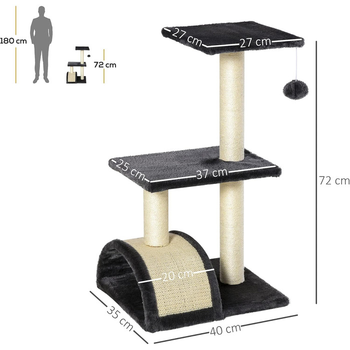 Кігтеточка PawHut для котів 72 см, багатоярусна, з м'ячиками, сизаль, платформа, кігтешкребок, для середніх котів, кремово-білий (сірий)