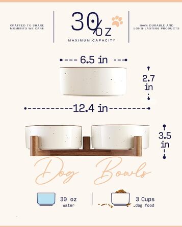 Набір мисок для собак Getstar з кераміки на підставці з акації, 887 мл, 2 шт, з кольоровим обідком