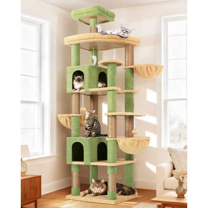 Дерев'яний комплекс для котів Globlazer XXL, 209 см, з 2 будиночками, великою платформою, 3 кошиками, ситцевими стійками, 8 сизалевими стовпчиками для дряпання, стабільний, зелений