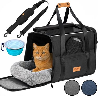 Транспортна переноска для котів CADOCA® до 20 кг, складна, з сонцезахисним дахом, ременем на плече, мискою, дихаюча, комфортна, з обертовим матрацом. Підходить для котів, собак, авто, чорного кольору.